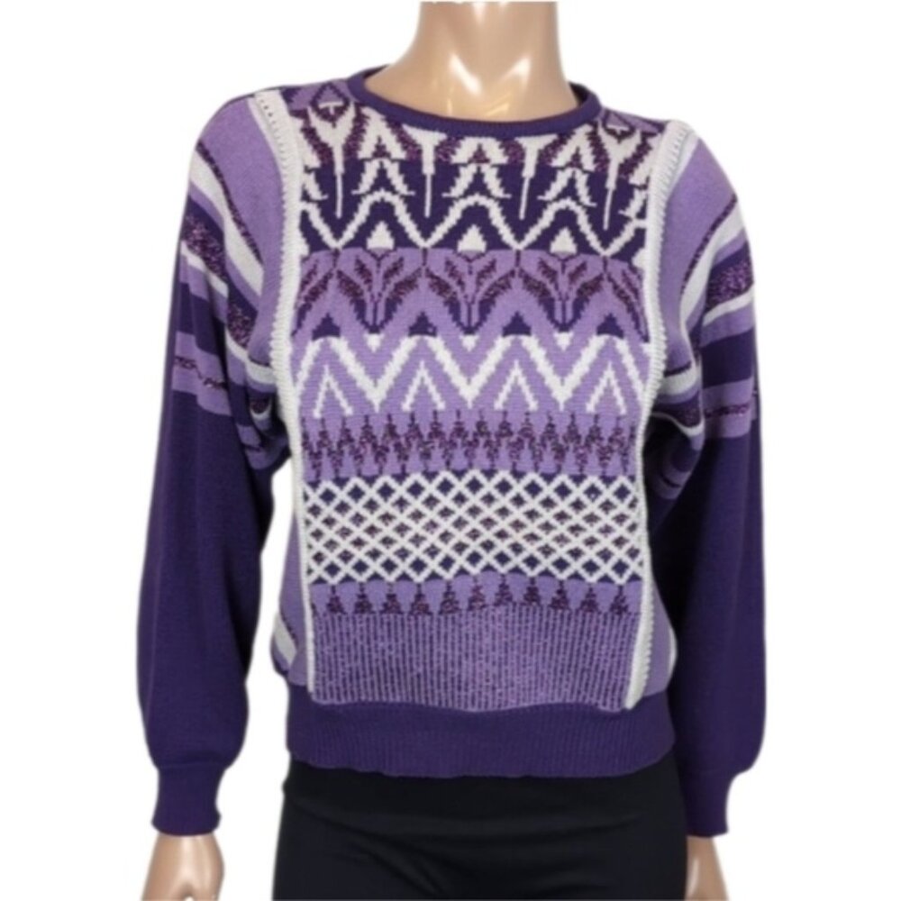 Vintage 80s Clarissa Bellini Metallic Knit Sweater Geometric Striped Slouchy